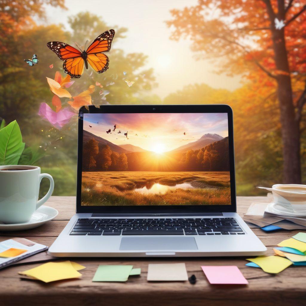 A vibrant collage of a laptop with an open blog page, surrounded by colorful sticky notes and a steaming coffee cup, symbolizing creativity and inspiration. In the background, a dreamlike scenery of nature reflects a journey of self-discovery with butterflies and light beams. Incorporate elements of social media icons to indicate engagement, blending with a warm color palette. super-realistic. vibrant colors. white background.