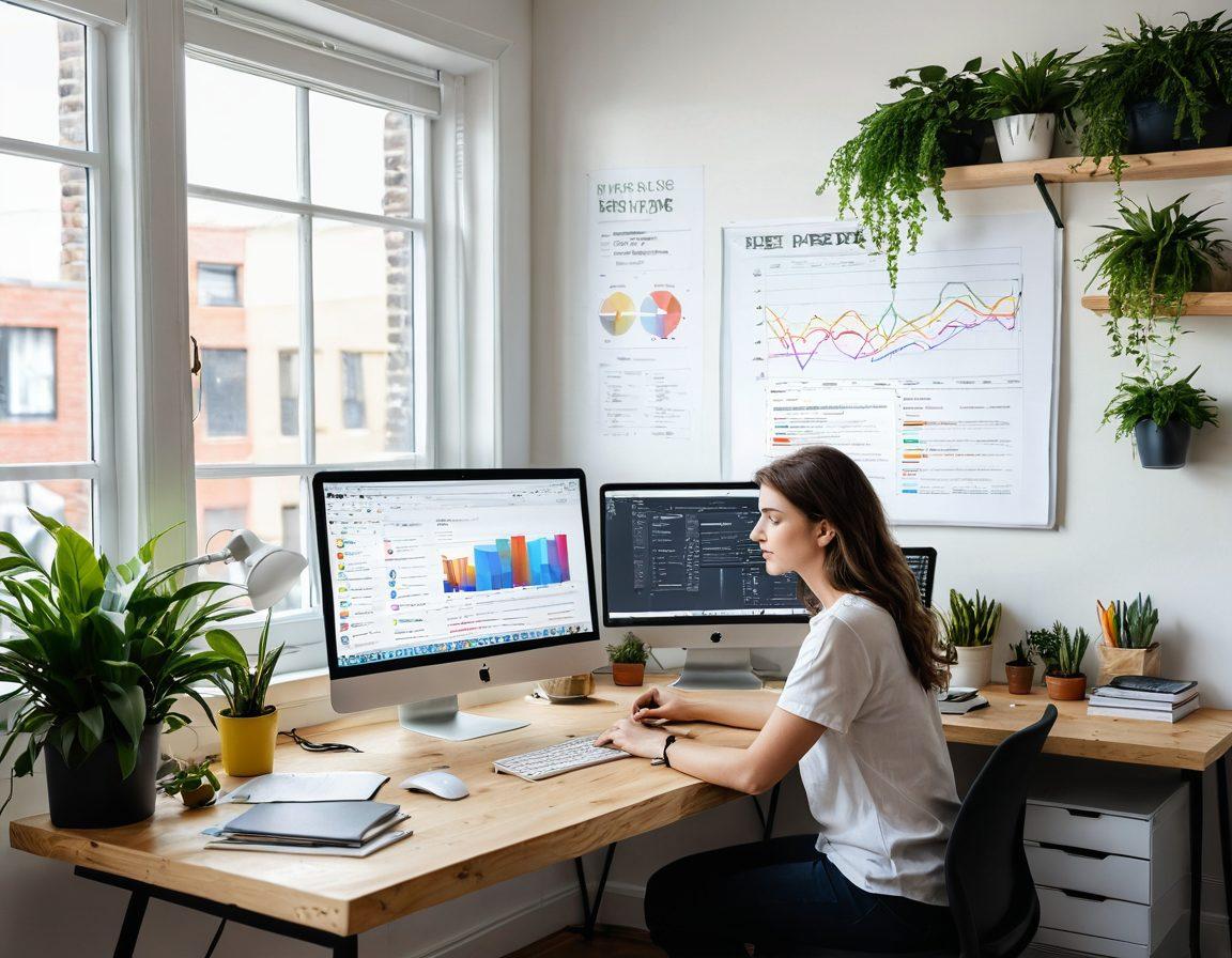 A visually striking workspace featuring a designer at a computer, surrounded by colorful web design mockups on the screen. Include elements like vibrant graphs and user engagement stats floating around, symbolizing success in blogging. The atmosphere should be inspiring, with natural light streaming in through a window and greenery around. super-realistic. bright colors. minimalistic design.