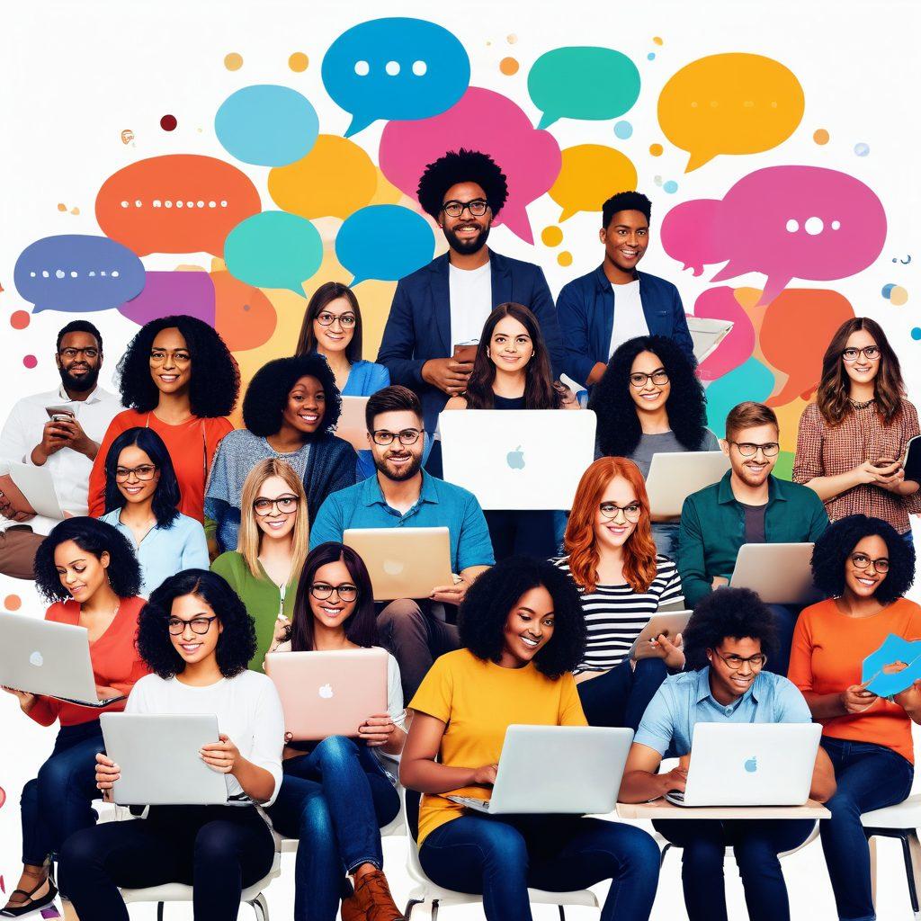 A vibrant collage depicting diverse people engaged in various blogging activities, showcasing laptops, cameras, and notebooks, surrounded by colorful thought bubbles filled with trending hashtags and ideas. Incorporate elements of teamwork and community, with warm lighting creating an inviting atmosphere. super-realistic. vibrant colors. white background.